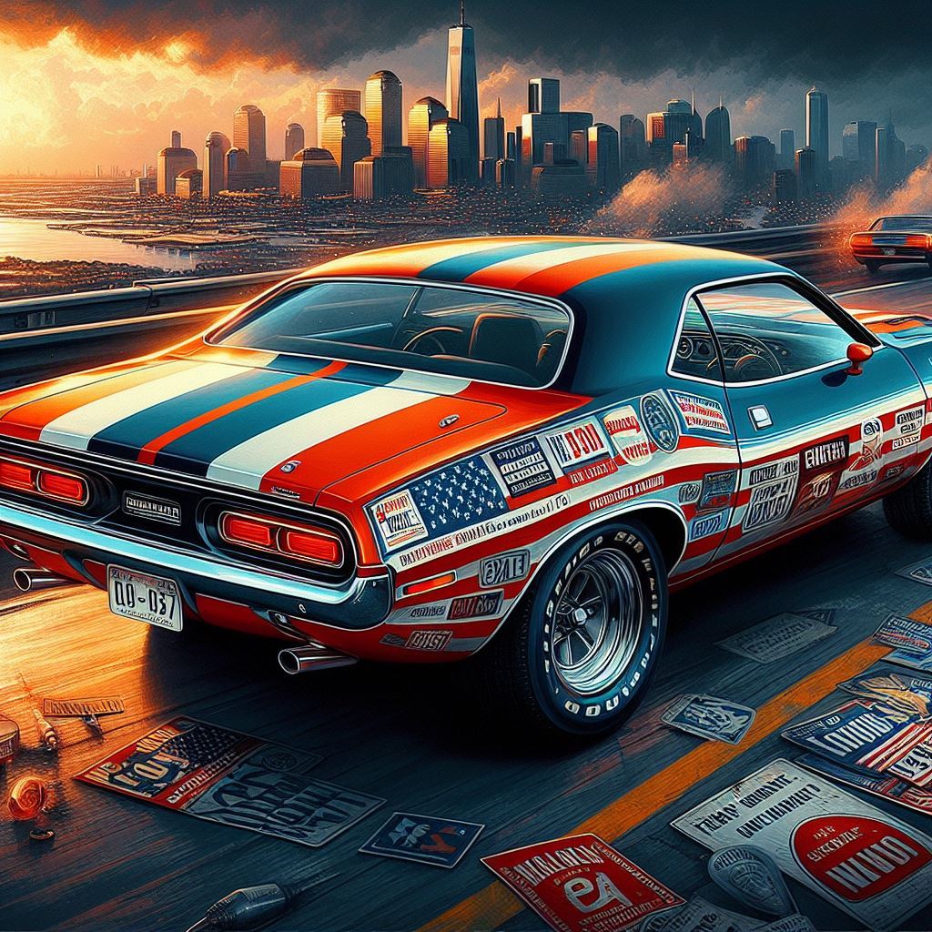 1973 Dodge Challenger with Bumper stickers in red, white and blue