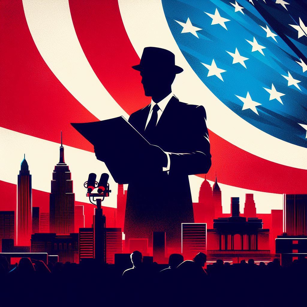 Silhouette of man reading a newspaper in front of an American flag background