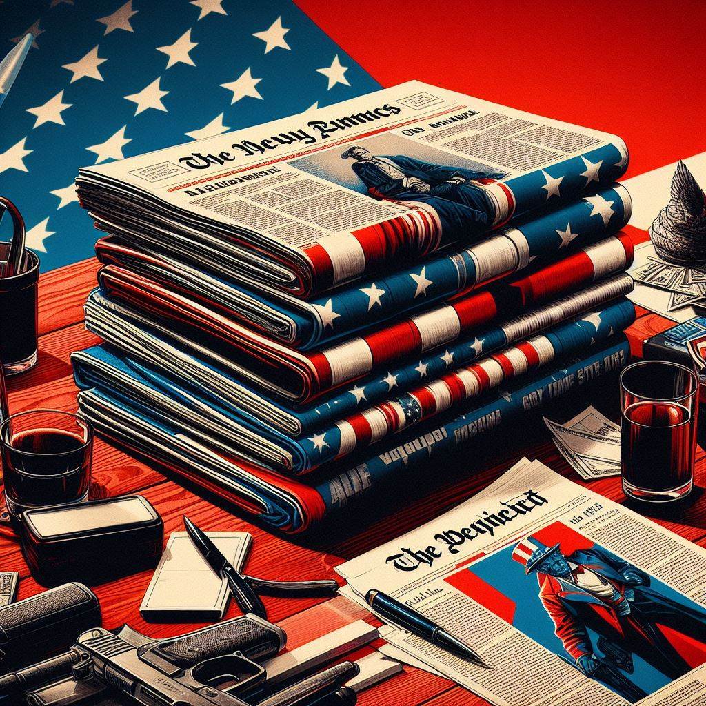 Stack of newspapers in red, white and blue