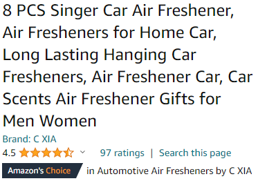 8 PCS Singer Car Air Freshener, Air Fresheners for Home Car, Long Lasting Hanging Car Fresheners, Air Freshener Car, Car Scents Air Freshener Gifts for Men Women