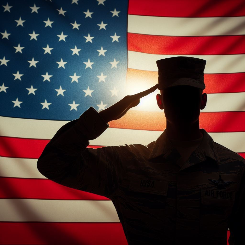 Soldier in silouette salutes in front of the American flag